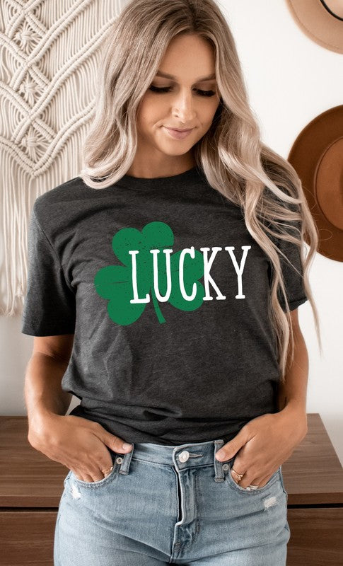 White Lucky with Green Shamrock Graphic Tee T-Shirt