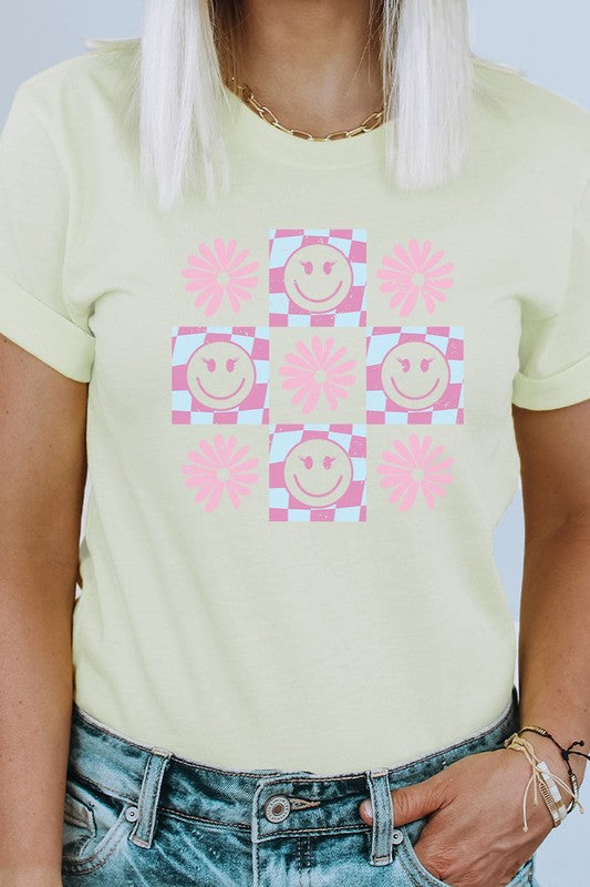 Pastel Checkered Flower Lashes Smiley Graphic Tee T-Shirt