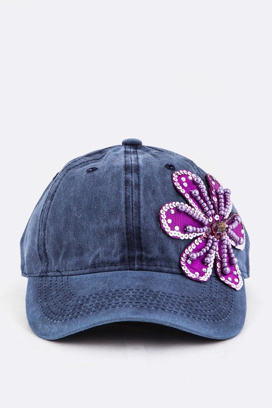 Bead & Sequins Flower Accent Cotton Cap