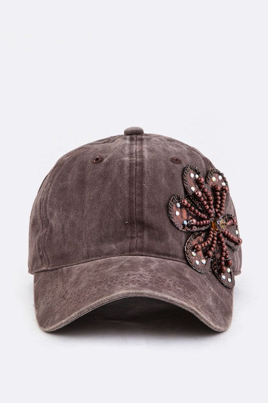 Bead & Sequins Flower Accent Cotton Cap