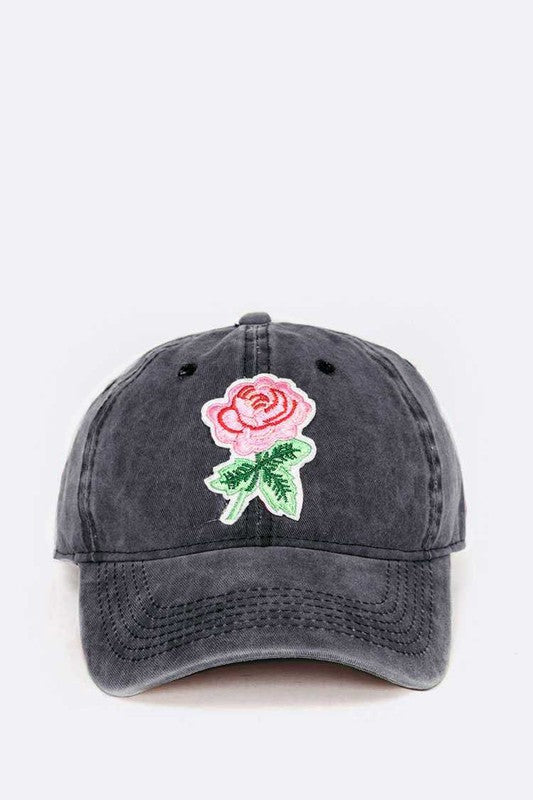 Embroidered Rose Patch Vintage Washed Cotton Cap