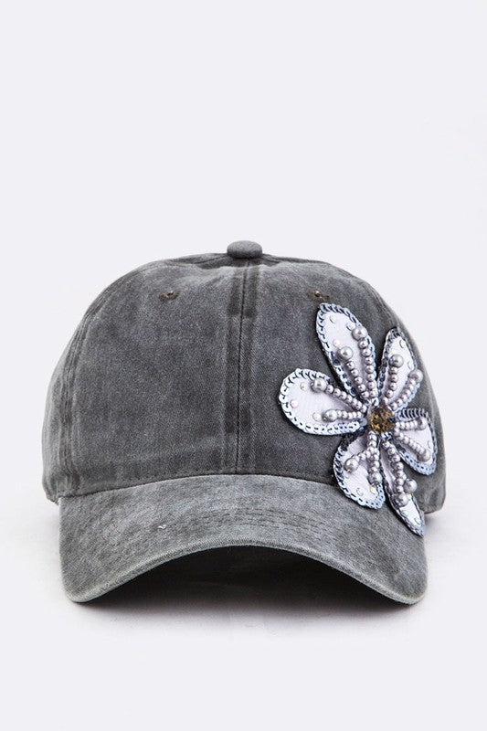 Bead & Sequins Flower Accent Cotton Cap