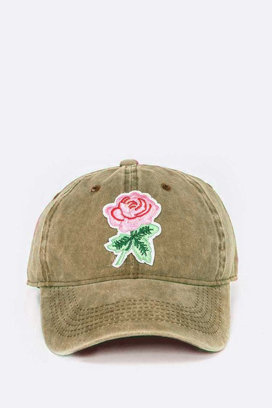 Embroidered Rose Patch Vintage Washed Cotton Cap