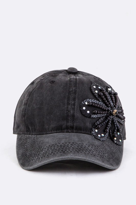 Bead & Sequins Flower Accent Cotton Cap