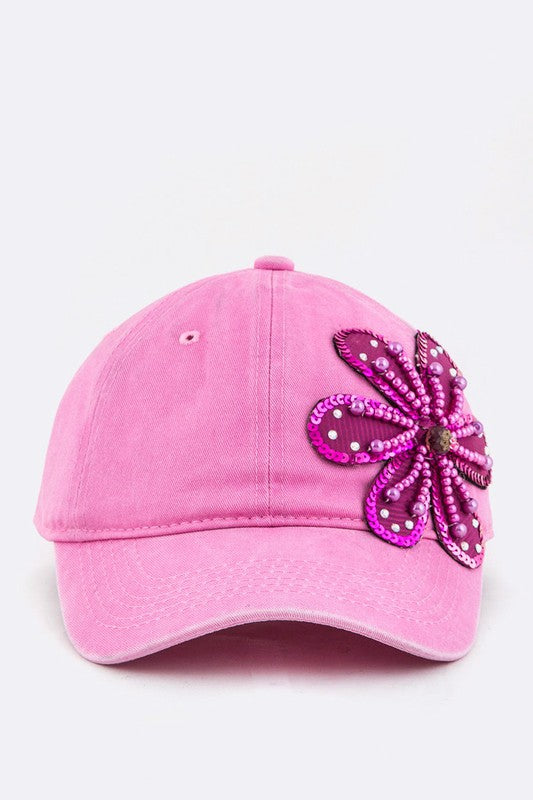 Bead & Sequins Flower Accent Cotton Cap