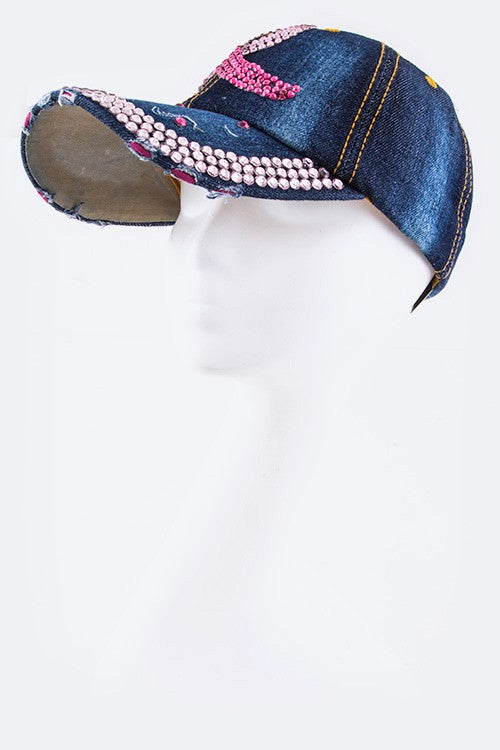 Crystal Pink Ribbon Embelished Fashion Denim Cap