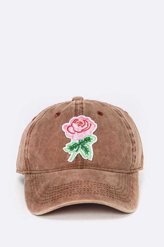 Embroidered Rose Patch Vintage Washed Cotton Cap