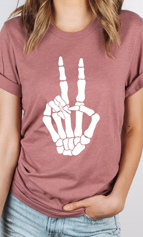 Skeleton Peace Sign Graphic Tee T-Shirt