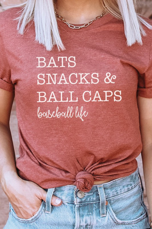 Bats Snacks and BallCaps Baseball Life Graphic Tee T-Shirt