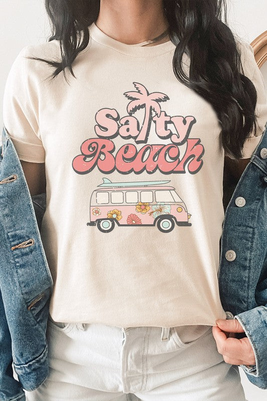 Salty Beach Van Palm Tree Sand Surf Graphic Tee T-Shirt