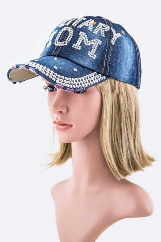 Crystal MILITARY MOM Embelished Fashion Denim Cap