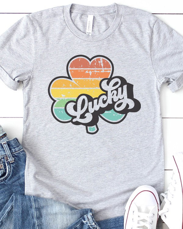 Lucky Retro Distressed Rainbow Clover Graphic Tee