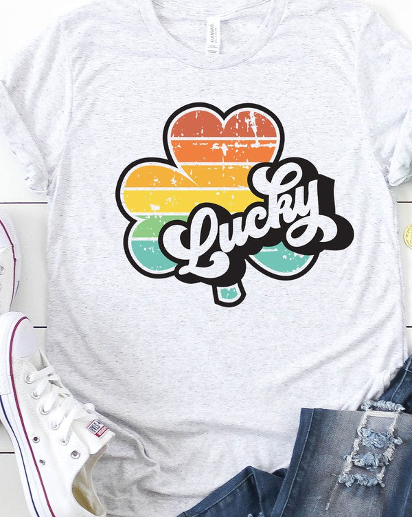 Lucky Retro Distressed Rainbow Clover Graphic Tee