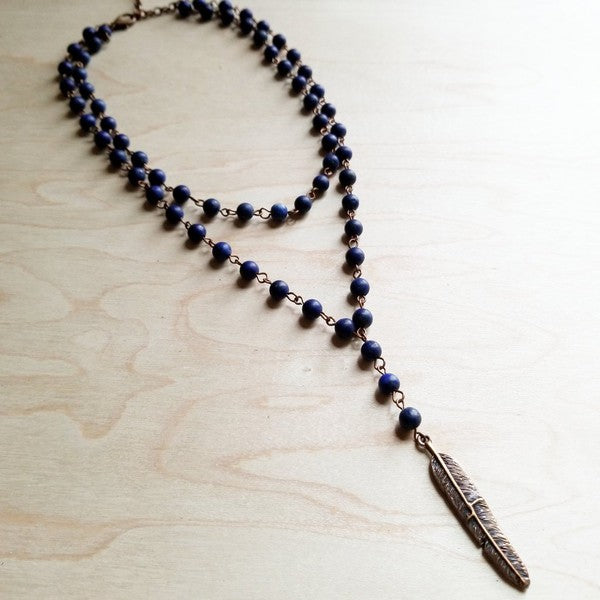 Double Strand Blue Lapis with Copper Feather Beads Necklace