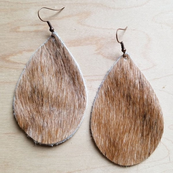 Leather Teardrop Earrings Tan and White Hair