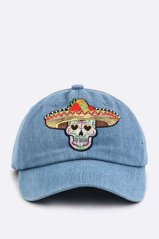 Calavera Embroidery Denim Cap