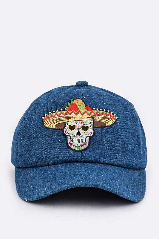 Calavera Embroidery Denim Cap