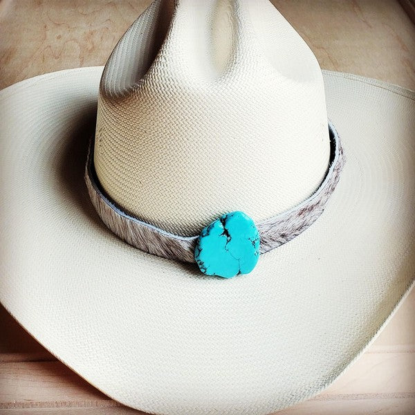 Hair-on-Hide Leather Cowboy Hat Band w/ Turquoise Slab