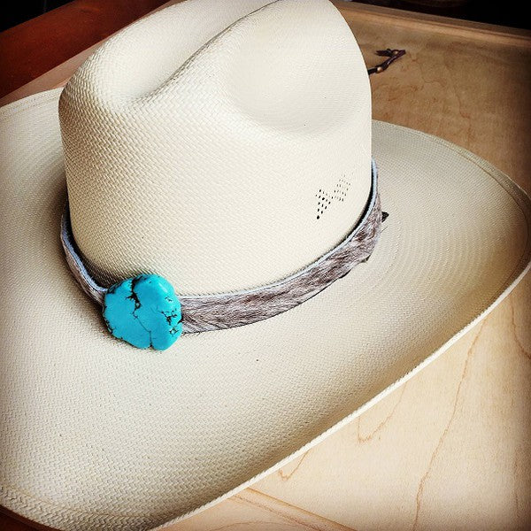 Hair-on-Hide Leather Cowboy Hat Band w/ Turquoise Slab