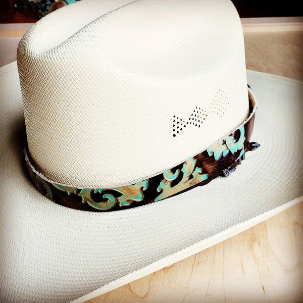 Turquoise Floral Embossed Leather Cowboy Hat Band