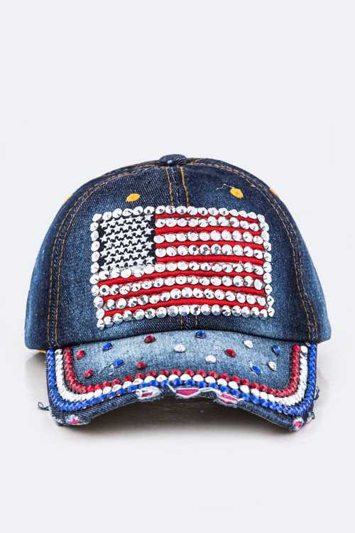 Crystal US Flag Embellished Fashion Denim Cap