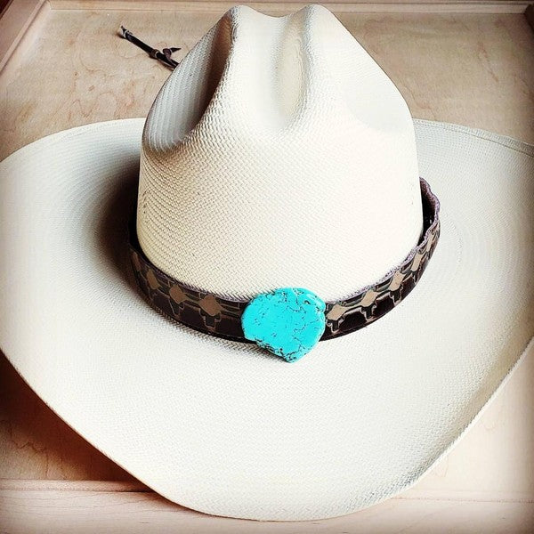 Navajo Embossed Leather Cowboy Hat Band w/ Turquoise Slab