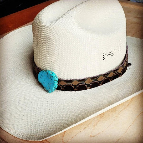 Navajo Embossed Leather Cowboy Hat Band w/ Turquoise Slab