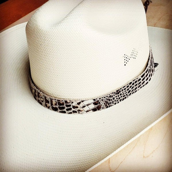 Cream and Bronze Gator Embossed Cowboy Leather Hat Band