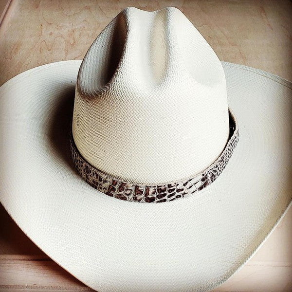 Cream and Bronze Gator Embossed Cowboy Leather Hat Band