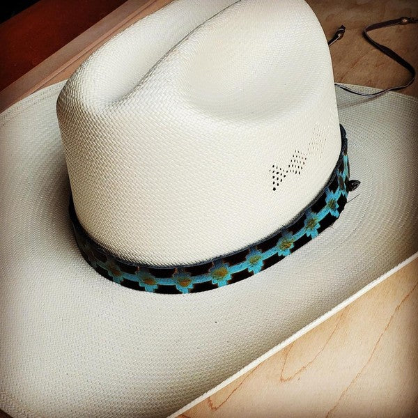 Blue Navajo Embossed Leather Cowboy Hat Band