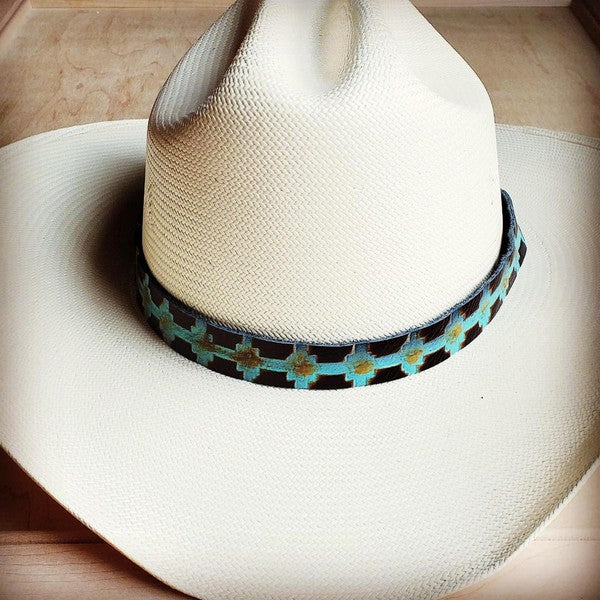 Blue Navajo Embossed Leather Cowboy Hat Band