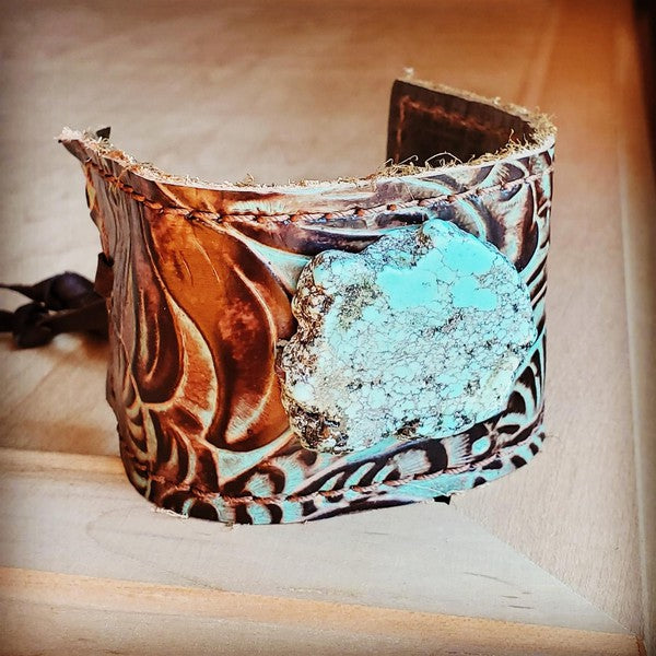 Leather Cuff Turquoise Brown Floral w/ Turq Slab