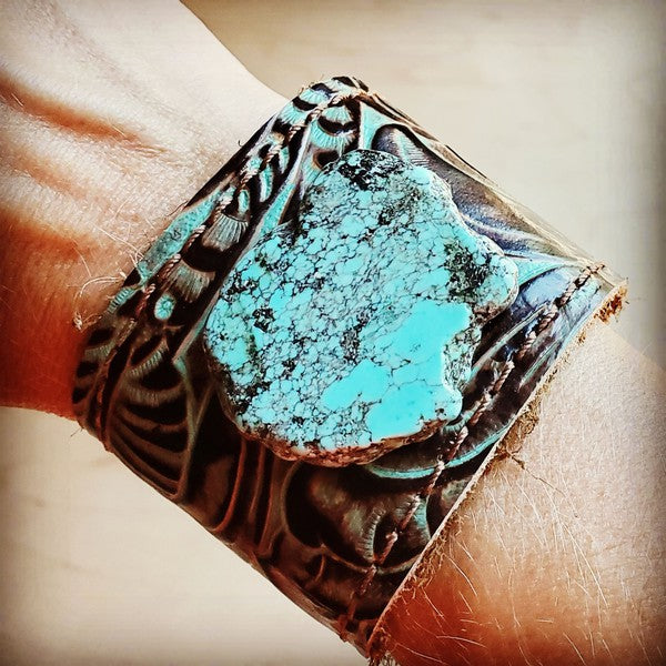 Leather Cuff Turquoise Brown Floral w/ Turq Slab