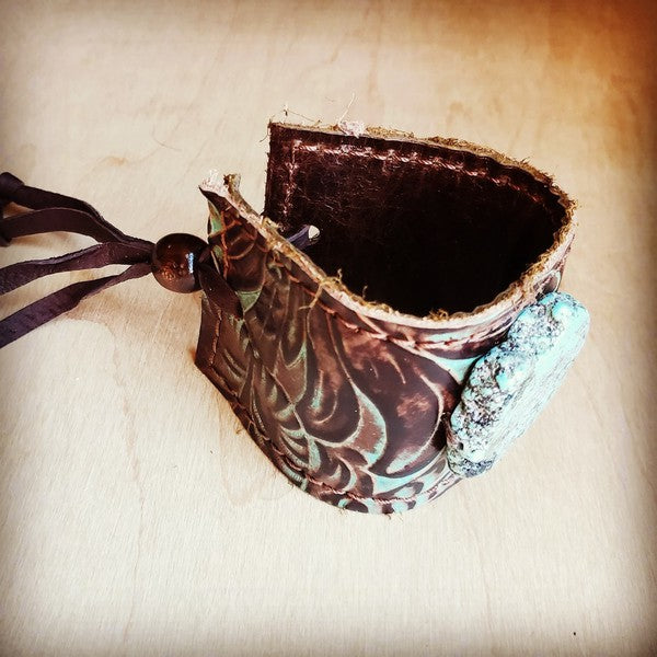 Leather Cuff Turquoise Brown Floral w/ Turq Slab