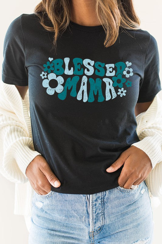 Floral Heart Groovy Blessed Mama Graphic Tee T-Shirt