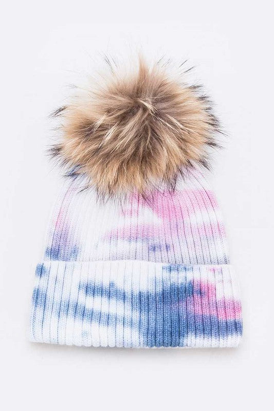 Raccoon Fur Pom Tie Dyed Cotton Blend Beanie