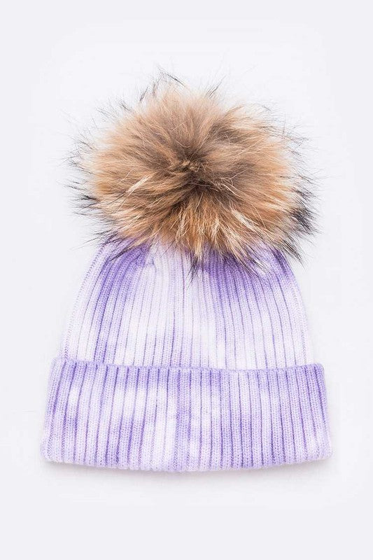 Raccoon Fur Pom Tie Dyed Cotton Blend Beanie