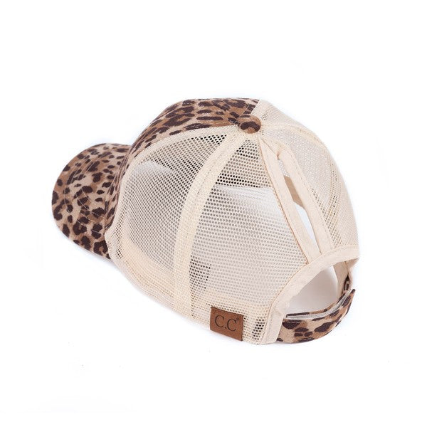 Faux Suede Leopard Print Pony Cap