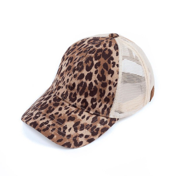 Faux Suede Leopard Print Pony Cap