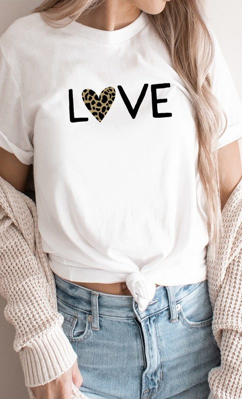 Love Leopard Print Heart Valentines Graphic Tee T-Shirt