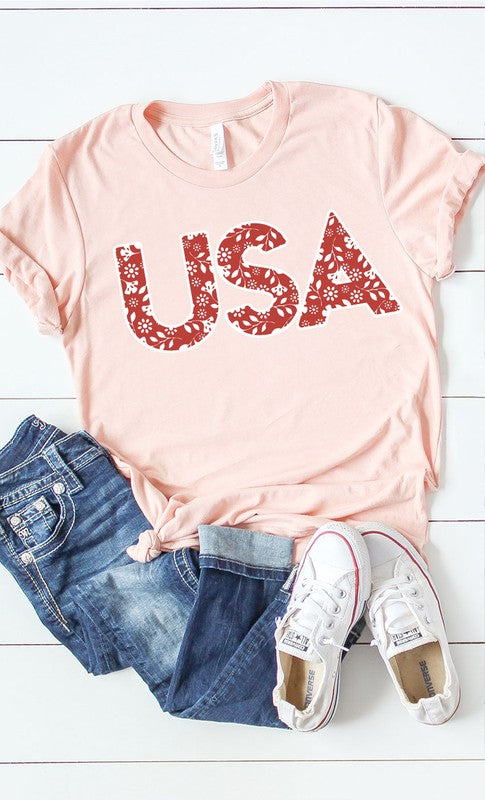 Red and White Floral USA Graphic Tee T-Shirt