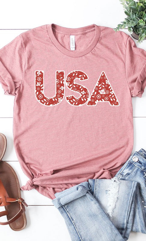 Red and White Floral USA PLUS SIZE Graphic Tee T-Shirt