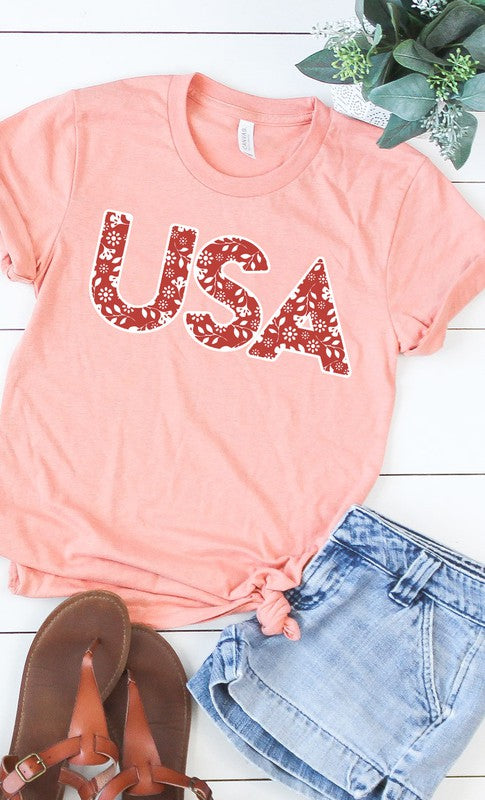 Red and White Floral USA PLUS SIZE Graphic Tee T-Shirt