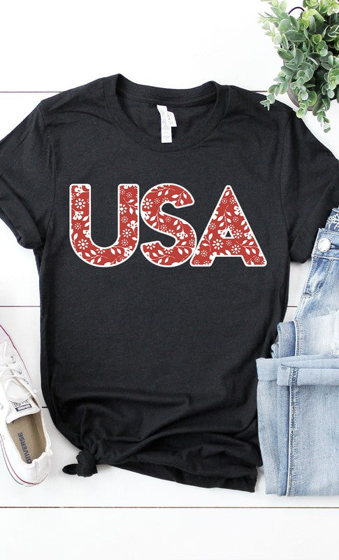 Red and White Floral USA Graphic Tee T-Shirt