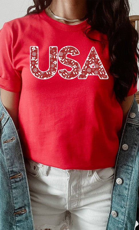 Red and White Floral USA Graphic Tee T-Shirt