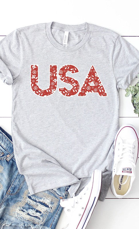 Red and White Floral USA PLUS SIZE Graphic Tee T-Shirt