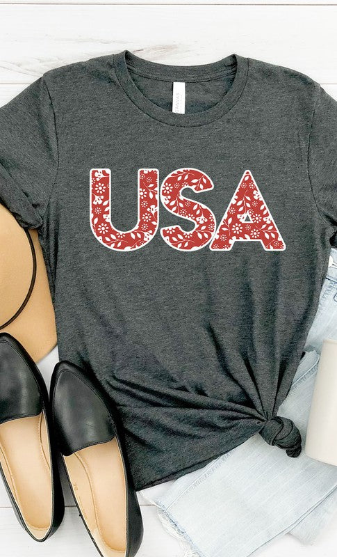 Red and White Floral USA PLUS SIZE Graphic Tee T-Shirt