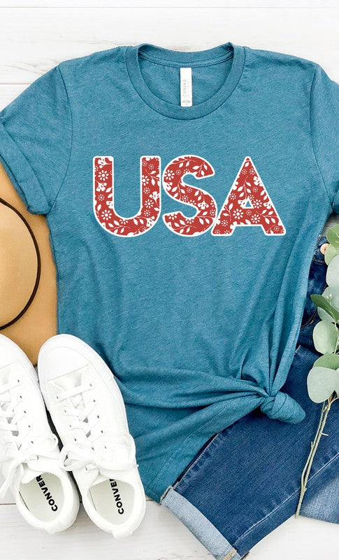 Red and White Floral USA Graphic Tee T-Shirt