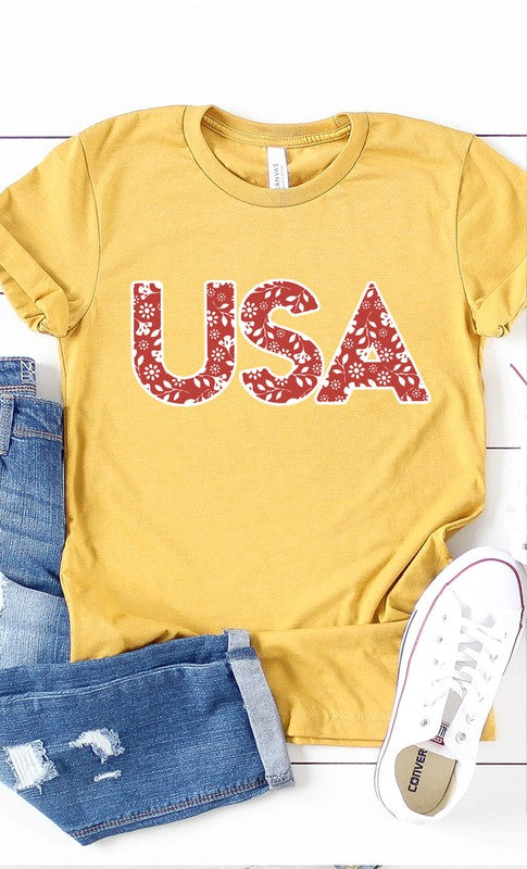 Red and White Floral USA Graphic Tee T-Shirt