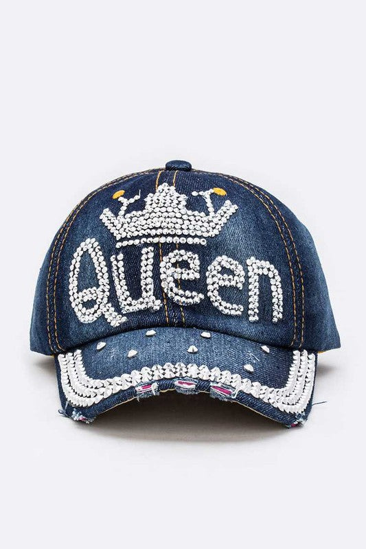 QUEEN Crystal Embellished Denim Cap